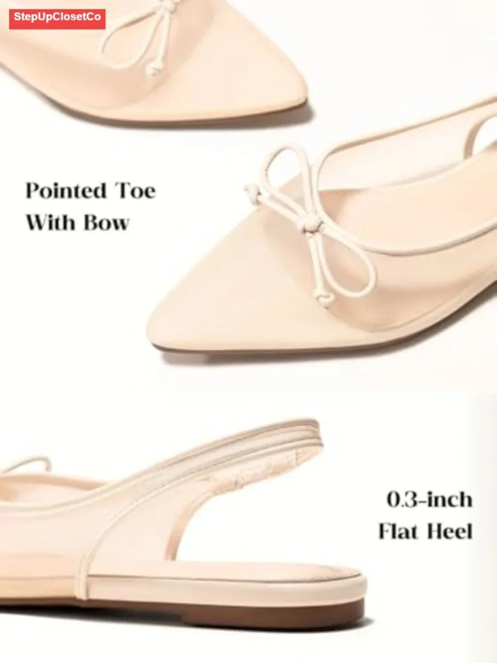 Mesh Slingback Pointed Toe Ballet Flats with Bow Low Heel Dress Shoes